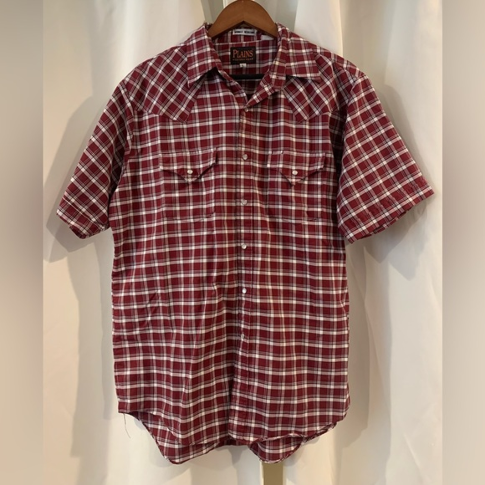Plains Western Wear Size Large Red Plaid Short Sleeve‎ Pearl Snap Western Shirt